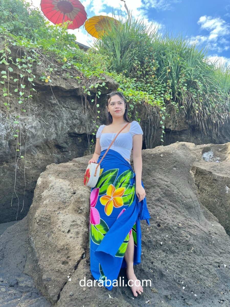 Hand Painted Pareo with Frangipani in Blue Color by Darabali