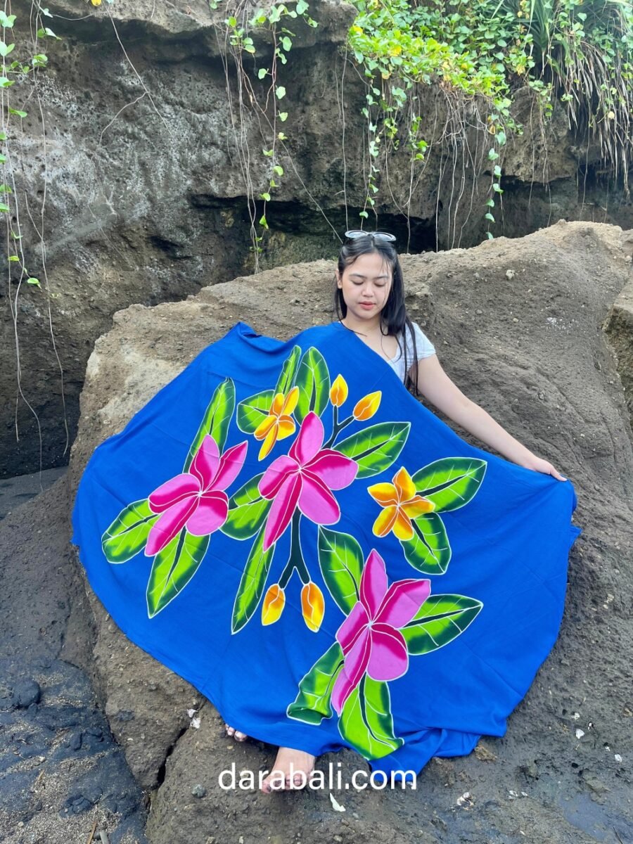 Hand Painted Pareo with Frangipani Flowers in Blue Color by Darabali