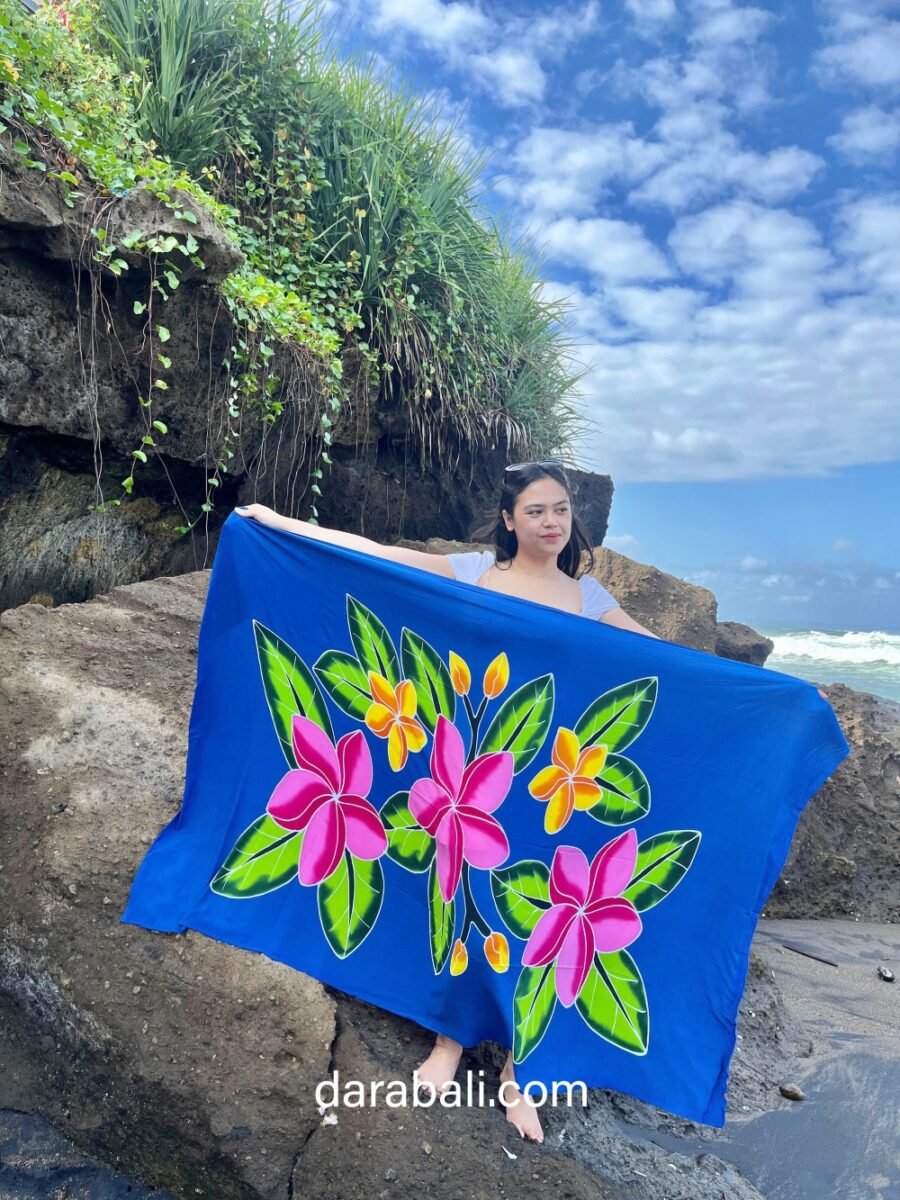 Pareo with Frangipani Flowers in Blue Color By Darabali