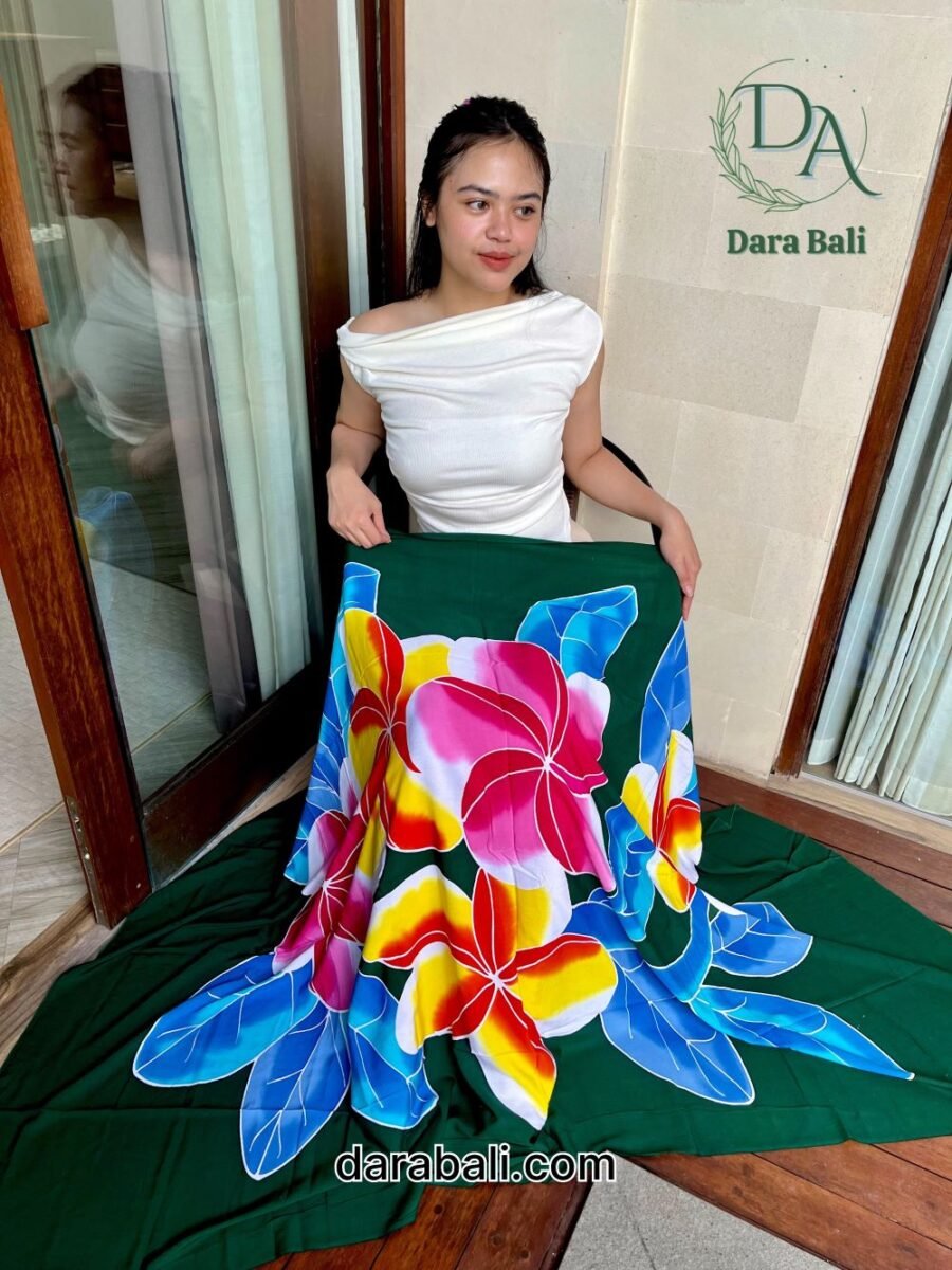 Hand Painted Sarong with Floral Design in Dark Green Color by Darabali