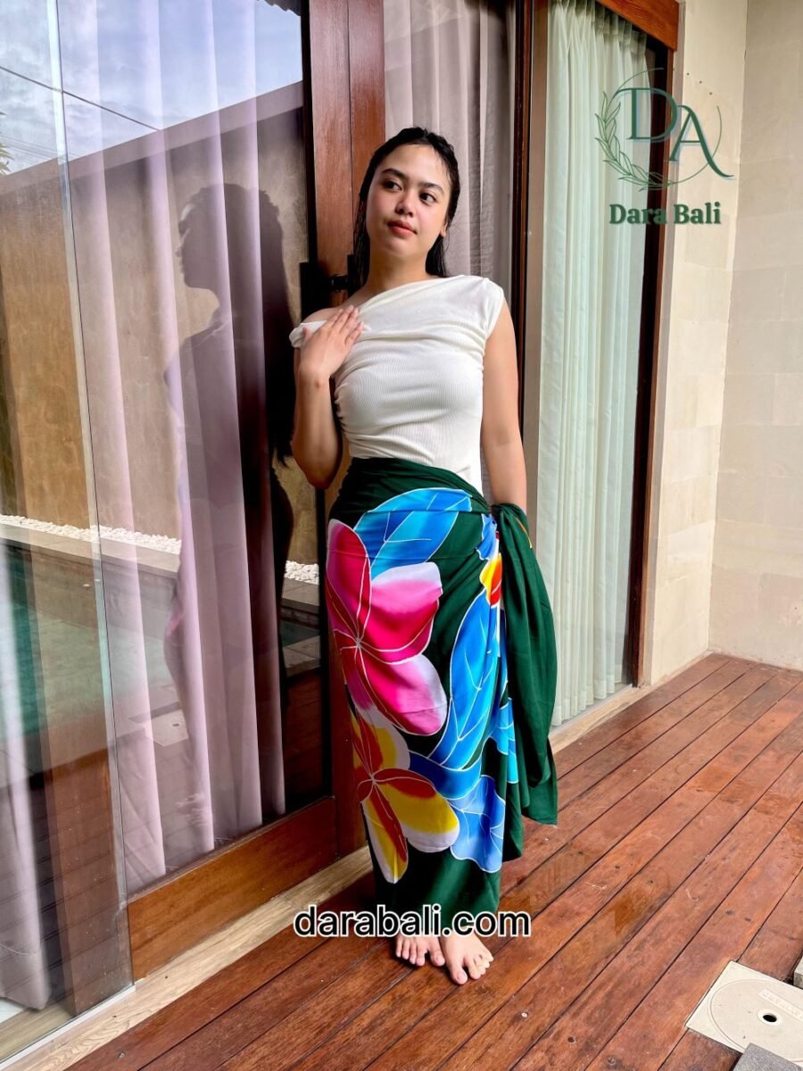 Hand Painted Sarong with Floral Design in Dark Green Color by Darabali