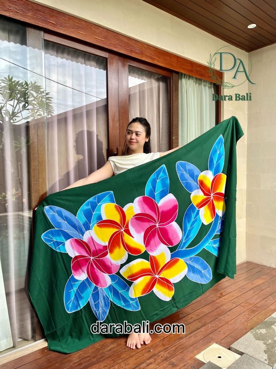 Hand Painted Sarong with Floral Design in Dark Green Color by Darabali