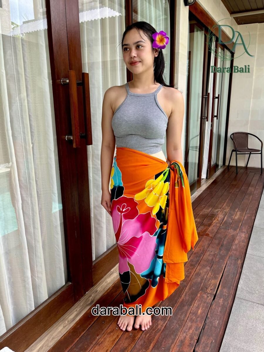 Hand Painted sarong with Hisbiscus Design in Orange Color by Darabali