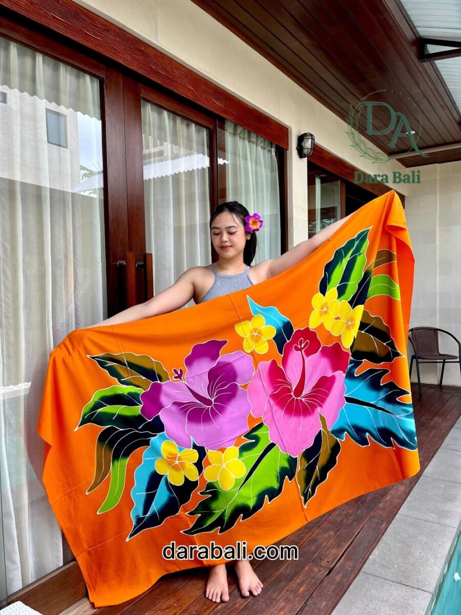 Hand Painted Sarong with Hisbiscus Design in Orange Color by Darabali