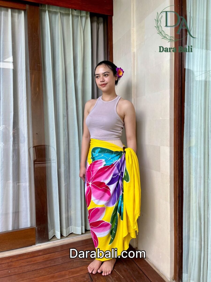 Hand Painted Yellow Sarong with Frangipani Design by Darabali