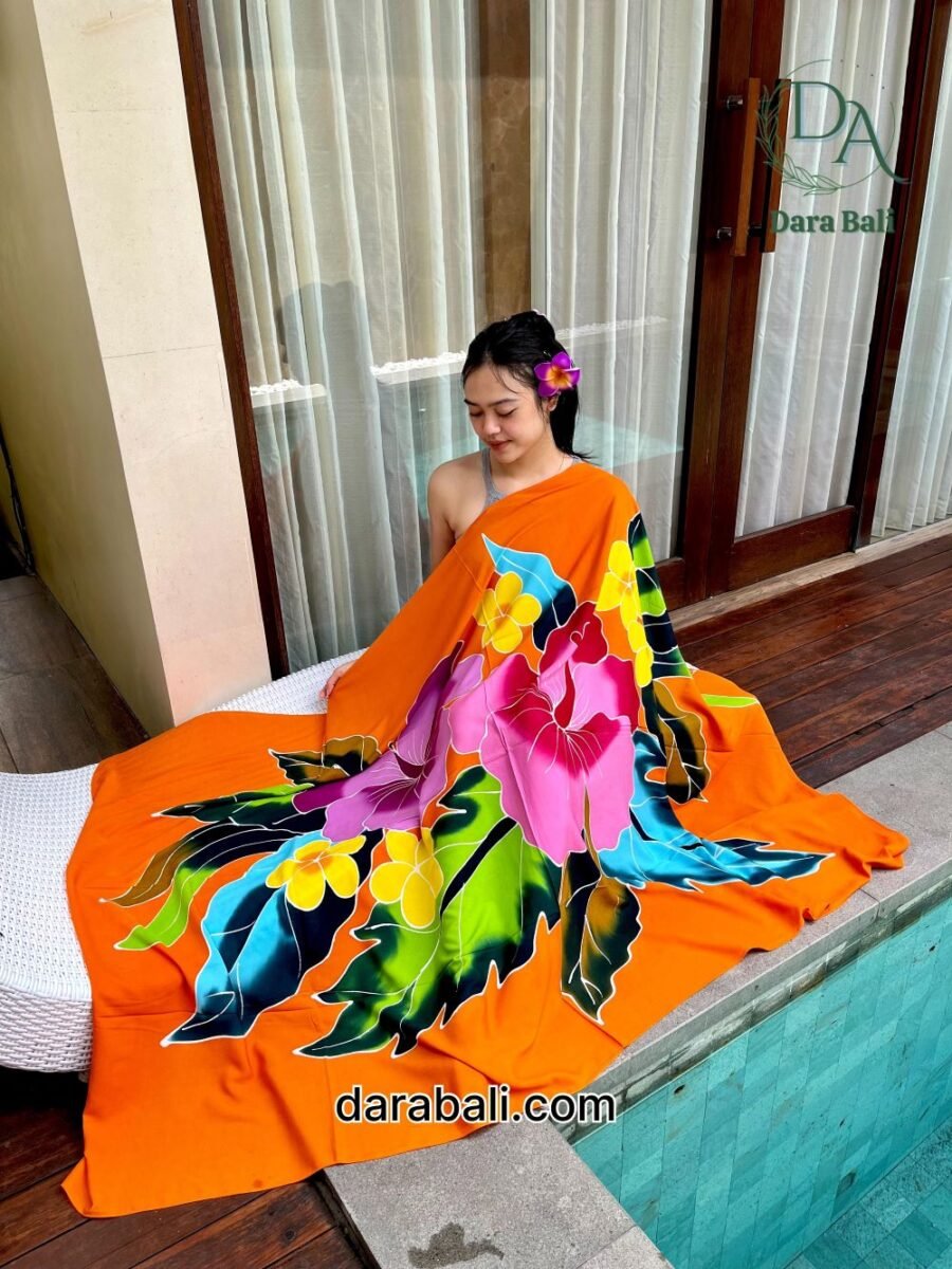 Hand Painted Sarong with Hisbiscus Design in Orange Color by Darabali