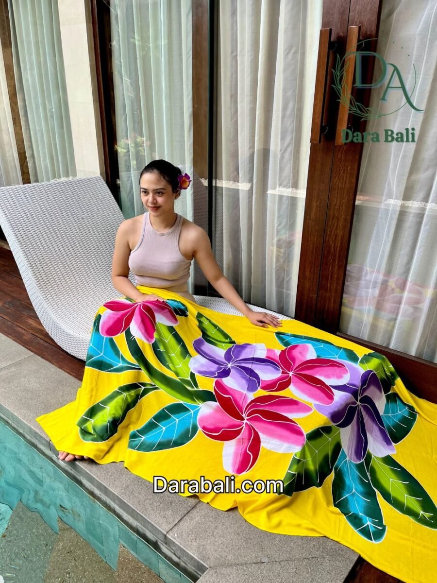 Hand Painted Yellow Sarong with Frangipani Design by Darabali