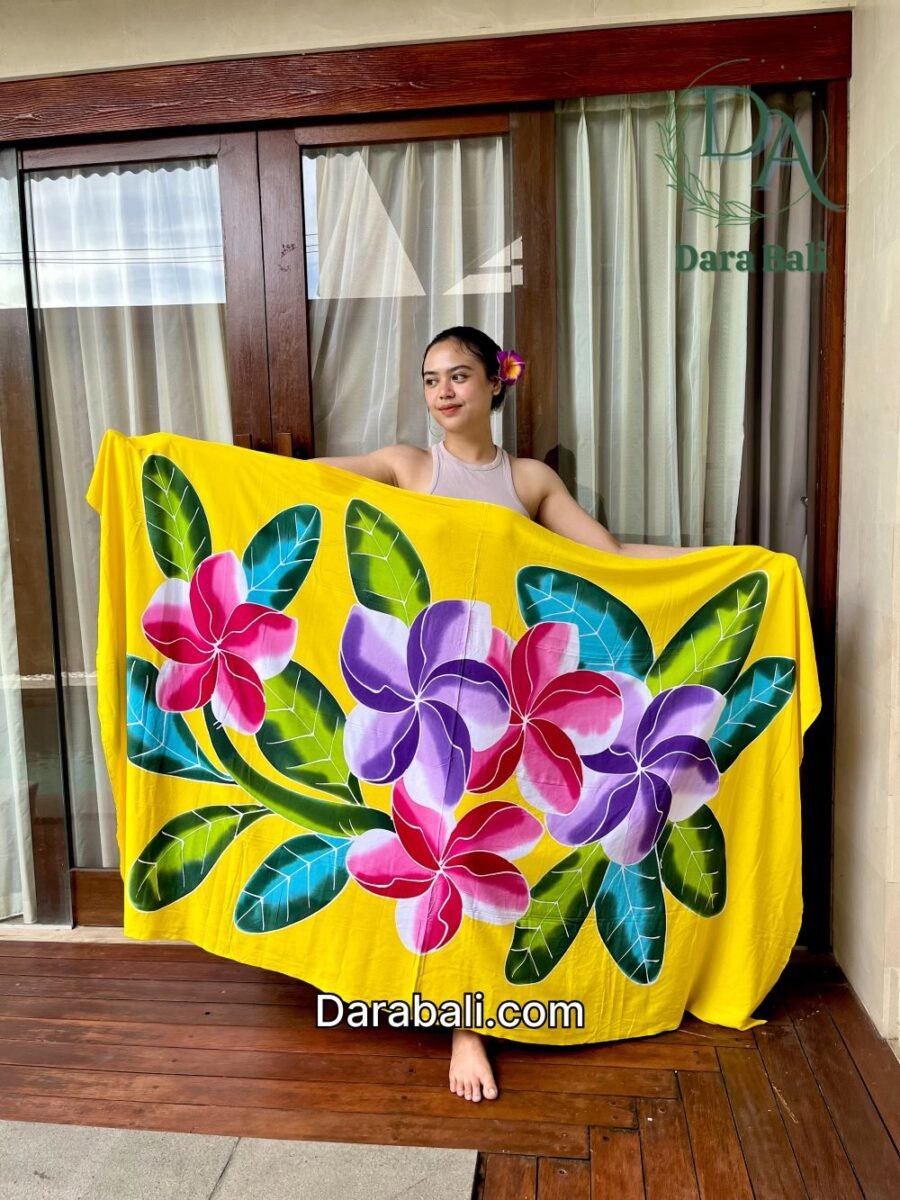 Hand Painted Yellow sarong with Frangipani Design by Darabali