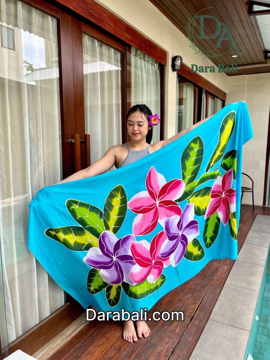 Hand Painted Blue Sarong with Frangipani Design by Darabali
