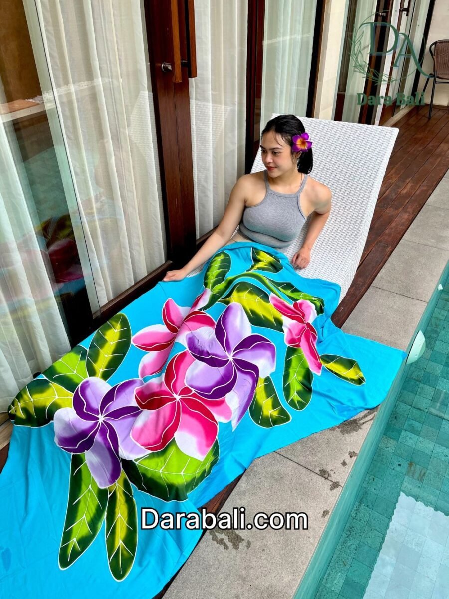 Hand Painted Blue Sarong with Frangipani Design by Darabali
