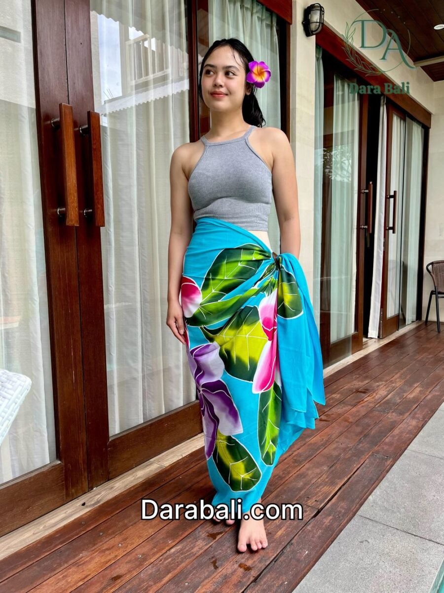 Hand Painted Blue Sarong with Frangipani Design by Darabali